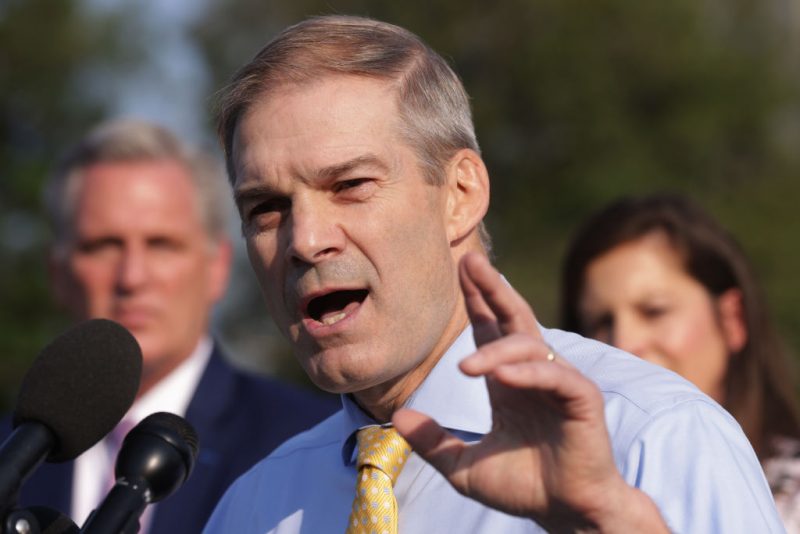 WASHINGTON, DC - JULY 27: U.S. Rep. Jim Jordan (R-OH) (C) speaks as House Minority Leader Rep. Kevin McCarthy (R-CA) (L) listens during a news conference in front of the U.S. Capitol July 27, 2021 in Washington, DC. Leader McCarthy held a news conference to discuss the Jan 6th Committee. (Photo by Alex Wong/Getty Images)