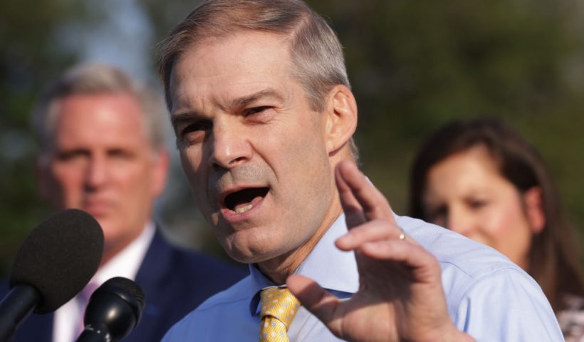 WASHINGTON, DC - JULY 27: U.S. Rep. Jim Jordan (R-OH) (C) speaks as House Minority Leader Rep. Kevin McCarthy (R-CA) (L) listens during a news conference in front of the U.S. Capitol July 27, 2021 in Washington, DC. Leader McCarthy held a news conference to discuss the Jan 6th Committee. (Photo by Alex Wong/Getty Images)