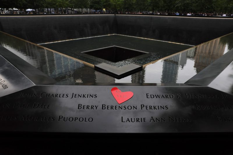 NEW YORK, NEW YORK - SEPTEMBER 11: A cut out heart is seen placed on the names of victims of the 9/11 terror attack on the South Tower Memorial Pool during the annual 9/11 Commemoration Ceremony at the National 9/11 Memorial and Museum on September 11, 2022 in New York City. This year marks the 21st anniversary of the terror attacks of September 11, 2001, when the terrorist group al-Qaeda flew hijacked airplanes into the World Trade Center, Shanksville, PA and the Pentagon, killing nearly 3,000 people. Vice President Kamala Harris and Secretary of Homeland Security Alejandro N. Mayorkas were in attendance for this year's ceremony. (Photo by Michael M. Santiago/Getty Images)