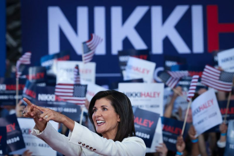 CHARLESTON, SOUTH CAROLINA - FEBRUARY 15: Republican presidential candidate Nikki Haley points to supporters at her first campaign event on February 15, 2023 in Charleston, South Carolina. Former South Carolina Governor and United Nations ambassador Haley, officially announced her candidacy yesterday, making her the first Republican opponent to challenge former U.S. President Donald Trump. (Photo by Win McNamee/Getty Images)