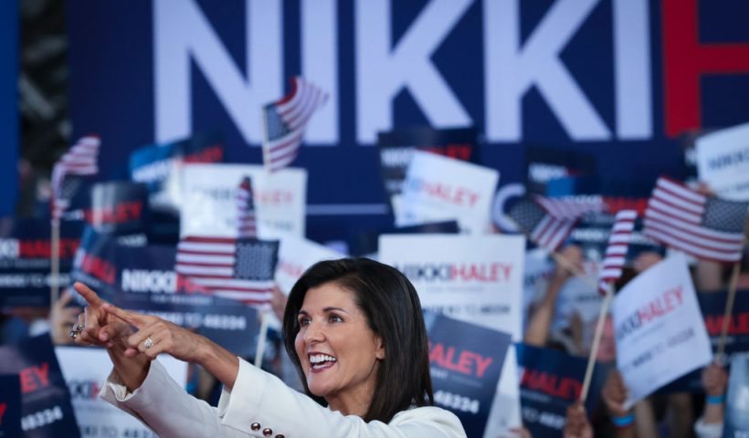 CHARLESTON, SOUTH CAROLINA - FEBRUARY 15: Republican presidential candidate Nikki Haley points to supporters at her first campaign event on February 15, 2023 in Charleston, South Carolina. Former South Carolina Governor and United Nations ambassador Haley, officially announced her candidacy yesterday, making her the first Republican opponent to challenge former U.S. President Donald Trump. (Photo by Win McNamee/Getty Images)