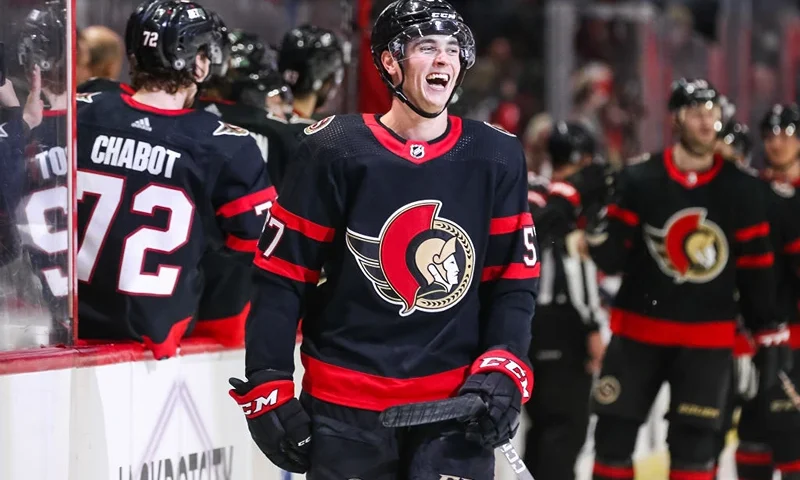 OTTAWA, CANADA - MARCH 27: Shane Pinto #57 of the Ottawa Senators celebrates his third period goal against the Florida Panthers at Canadian Tire Centre on March 27, 2023 in Ottawa, Ontario, Canada. (Photo by Chris Tanouye/Freestyle Photography/Getty Images)