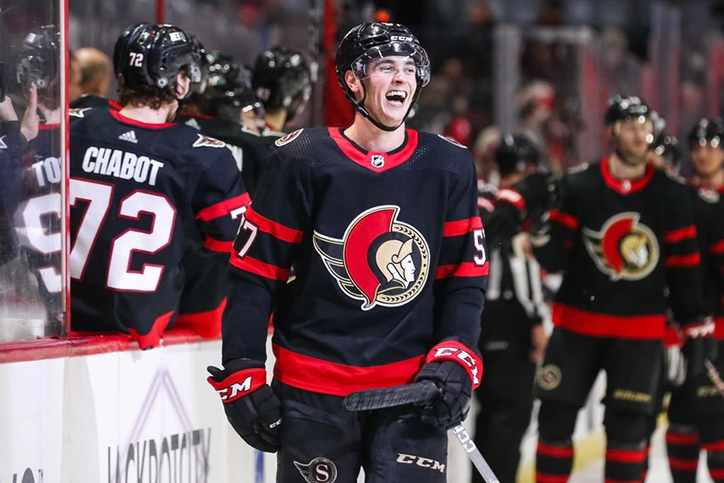 OTTAWA, CANADA - MARCH 27: Shane Pinto #57 of the Ottawa Senators celebrates his third period goal against the Florida Panthers at Canadian Tire Centre on March 27, 2023 in Ottawa, Ontario, Canada. (Photo by Chris Tanouye/Freestyle Photography/Getty Images)