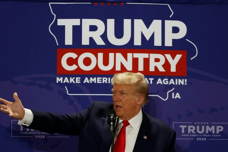 Former US President and 2024 Presidential hopeful Donald Trump delivers remarks at a Team Trump Iowa Commit to Caucus event in Maquoketa, Iowa, on September 20, 2023. (Photo by KAMIL KRZACZYNSKI / AFP) (Photo by KAMIL KRZACZYNSKI/AFP via Getty Images)