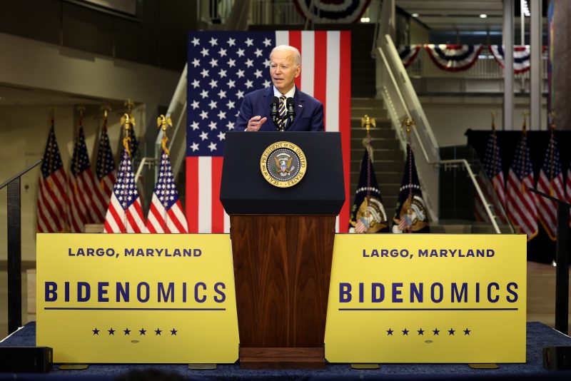 LARGO, MARYLAND - SEPTEMBER 14: U.S. President Joe Biden delivers remarks at Prince George's Community College on September 14, 2023 in Largo, Maryland. Biden spoke on his economic plan, "Bidenomics," outlining his plan to create jobs, reduce inflation and increase wages while comparing it to the Republican's plan that he says will hurt the middle class and cut the social safety net.  (Photo by Kevin Dietsch/Getty Images)