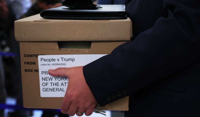 NEW YORK, NEW YORK - OCTOBER 02: A box is carried as the civil fraud trial of former President Donald Trump is set to begin at New York State Supreme Court on October 02, 2023 in New York City. Former President Trump may be forced to sell off his properties after Justice Arthur Engoron canceled his business certificates after ruling that he committed fraud for years while building his real estate empire after being sued by Attorney General Letitia James, who is seeking $250 million in damages. The trial will determine how much he and his companies will be penalized for the fraud. (Photo by Michael M. Santiago/Getty Images)