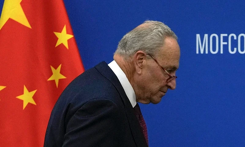 US Senate Majority Leader Chuck Schumer arrives for a bilateral meeting with Chinese Commerce Minister Wang Wentao at the Ministry of Commerce in Beijing on October 9, 2023. (Photo by Andy Wong / POOL / AFP) (Photo by ANDY WONG/POOL/AFP via Getty Images)
