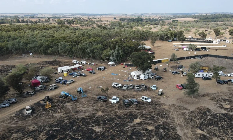 TOPSHOT - An aerial picture shows the site of the weekend attack on the Supernova desert music Festival by Palestinian militants near Kibbutz Reim in the Negev desert in southern Israel on October 10, 2023. Hamas gunmen killed around 270 revellers who were attending an outdoor rave music festival in an Israeli community near Gaza at the weekend, a volunteer who helped collect the bodies said on October 9. (Photo by Jack GUEZ / AFP) (Photo by JACK GUEZ/AFP via Getty Images)