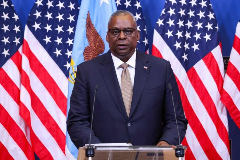 US Defence Secretary Lloyd Austin speaks during a press conference at the NATO headquarters in Brussels, on October 11, 2023. (Photo by SIMON WOHLFAHRT / AFP) (Photo by SIMON WOHLFAHRT/AFP via Getty Images)