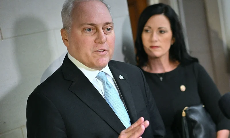 House Majority Leader Steve Scalise speaks to reporters after a closed-door vote meeting to nominate the US Speaker of the House candidate at the US Capitol in Washington, DC, October 11, 2023. Republicans nominated Scalise as their candidate for speaker of the US House of Representatives as they sought to heal bitter internal divisions paralyzing their domestic agenda and preventing action on the Israel crisis. Scalise beat Judiciary Committee chairman Jim Jordan to the nomination by 113 votes to 99 in a secret ballot, multiple US media outlets reported. (Photo by Mandel NGAN / AFP) (Photo by MANDEL NGAN/AFP via Getty Images)