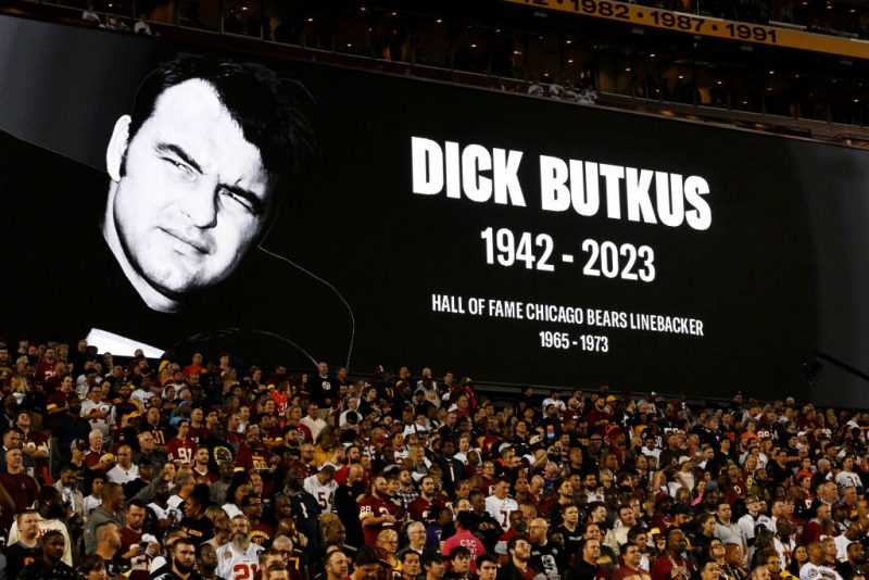LANDOVER, MARYLAND - OCTOBER 05: A general view during a moment of remembrance for former Chicago Bears Hall of Fame linebacker Dick Butkus at FedExField on October 05, 2023 in Landover, Maryland. Butkus passed away at age 80 on October 05, 2023. (Photo by Greg Fiume/Getty Images)