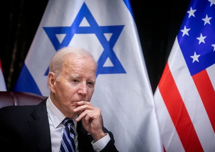 TOPSHOT-ISRAEL-US-PALESTINIAN-CONFLICT TOPSHOT - US President Joe Biden joins Israel's Prime Minister for the start of the Israeli war cabinet meeting, in Tel Aviv on October 18, 2023, amid the ongoing battles between Israel and the Palestinian group Hamas. US President Joe Biden landed in Tel Aviv on October 18, 2023 as Middle East anger flared after hundreds were killed when a rocket struck a hospital in war-torn Gaza, with Israel and the Palestinians quick to trade blame. (Photo by Miriam Alster / POOL / AFP) (Photo by MIRIAM ALSTER/POOL/AFP via Getty Images)