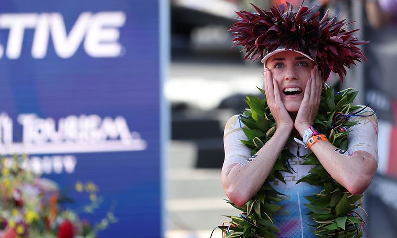 KAILUA KONA, HAWAII - OCTOBER 14: Lucy Charles-Barclay of Great Britain reacts finishing first place in the VinFast IRONMAN World Championship on October 14, 2023 in Kailua Kona, Hawaii. (Photo by Sean M. Haffey/Getty Images for IRONMAN)