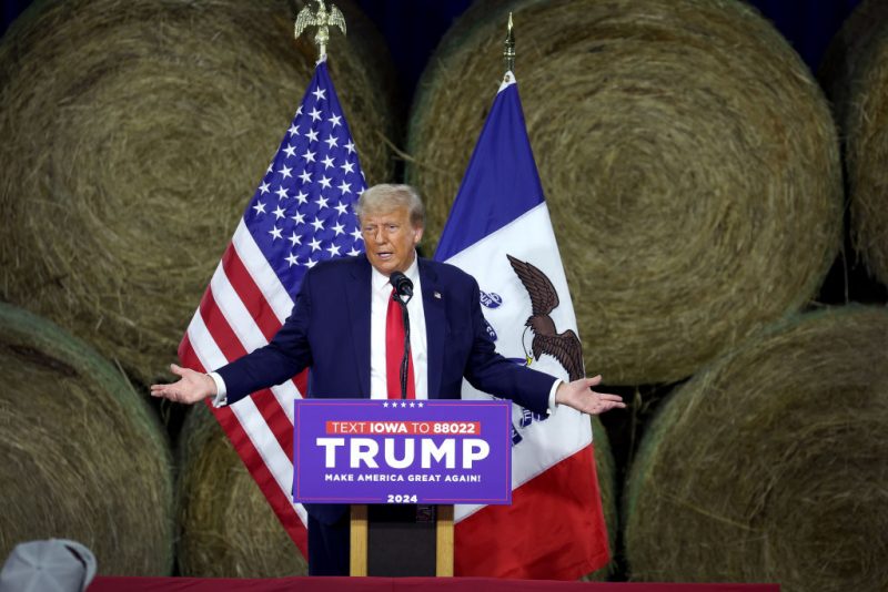 ADEL, IOWA - OCTOBER 16: Republican presidential candidate former President Donald Trump speaks to guests during a campaign event at the Dallas County Fairgrounds on October 16, 2023 in Adel, Iowa. Trump is also scheduled to speak at a rally in nearby Clive later in the afternoon. (Photo by Scott Olson/Getty Images)