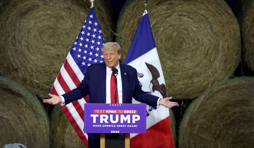ADEL, IOWA - OCTOBER 16: Republican presidential candidate former President Donald Trump speaks to guests during a campaign event at the Dallas County Fairgrounds on October 16, 2023 in Adel, Iowa. Trump is also scheduled to speak at a rally in nearby Clive later in the afternoon. (Photo by Scott Olson/Getty Images)