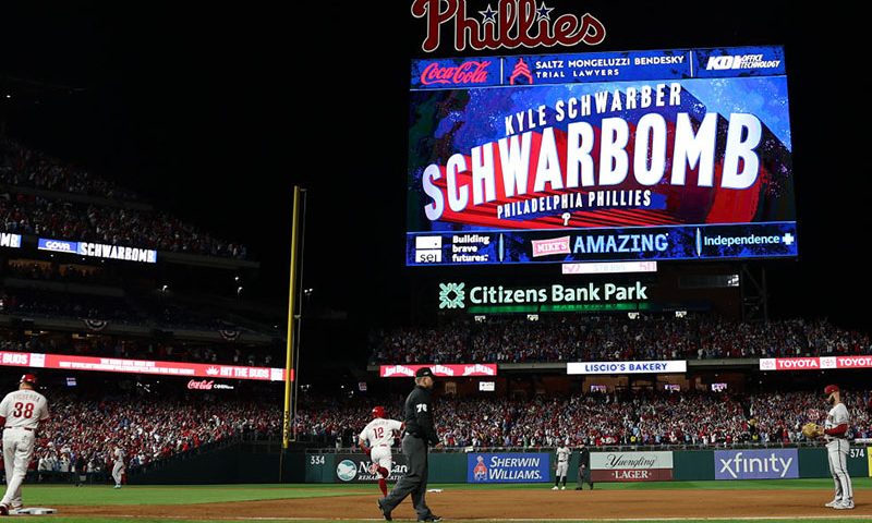 Kyle Schwarber #12 of the Philadelphia Phillies celebrates a home run while playing the Arizona Diamondbacks during Game Two of the Championship Series at Citizens Bank Park on October 17, 2023 in Philadelphia, Pennsylvania.