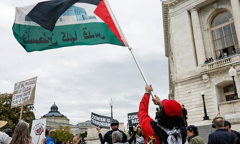 WASHINGTON, DC - OCTOBER 18: Demonstrators attend a rally in support of a cease fire in Gaza on Independence Avenue near the U.S. Capitol Building on October 18, 2023 in Washington, DC. Activists with Jewish Voice for Peace and the IfNotNow movement organized the rally to call for a cease fire in the Israel–Hamas war. (Photo by Anna Moneymaker/Getty Images)