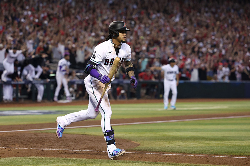 Ketel Marte #4 of the Arizona Diamondbacks celebrates after hitting an RBI single against Craig Kimbrel #31 of the Philadelphia Phillies to win Game Three of the National League Championship Series at Chase Field on October 19, 2023 in Phoenix, Arizona. (Photo by Harry How/Getty Images)