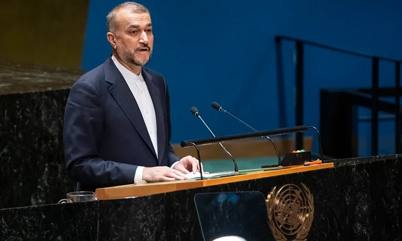 NEW YORK, NEW YORK - OCTOBER 26: Iranian Foreign Minister Hossein Amir-Abdollahian speaks at the General Assembly during the 10th Emergency Special Session at the 39th plenary meeting at United Nations headquarters on October 26, 2023 in New York City. The U.N. continues to meet to discuss the status of the Palestinians and the conflict between Israel and Hamas in Gaza. (Photo by Eduardo Munoz Alvarez/Getty Images)