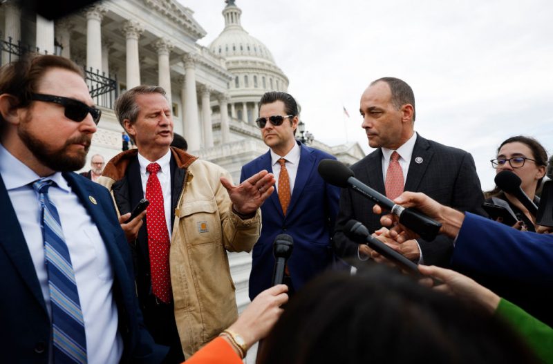 WASHINGTON, DC - OCTOBER 20: (L-R) U.S. Rep. Eli Crane (R-AZ), Rep. Tim Burchett (R-TN), Rep. Matt Gaetz (R-FL) and Rep. Bob Good (R-VA) talks to reporters after the House of Representatives failed to elevate Rep. Jim Jordan (R-OH) to Speaker of the House at the U.S. Capitol on October 20, 2023 in Washington, DC. After Rep. Jim Jordan (R-OH) failed in three consecutive votes for Speaker, House Republicans will meet to discuss the next steps for their nominee after Rep. Kevin McCarthy (R-CA) was ousted from the speakership on October 4. (Photo by Anna Moneymaker/Getty Images)