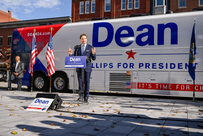 CONCORD, NEW HAMPSHIRE - OCTOBER 27: U.S. Rep. Dean Phillips (D-MN)(R) holds a rally outside of the N.H. Statehouse after handing over his declaration of candidacy form for President to the New Hampshire Secretary of State David Scanlan, on October 27, 2023 in Concord, New Hampshire. While touting the accomplishments of President Biden, Rep. Phillips believes that new democratic leadership is needed and has joined the 2024 presidential race. (Photo by Gaelen Morse/Getty Images)