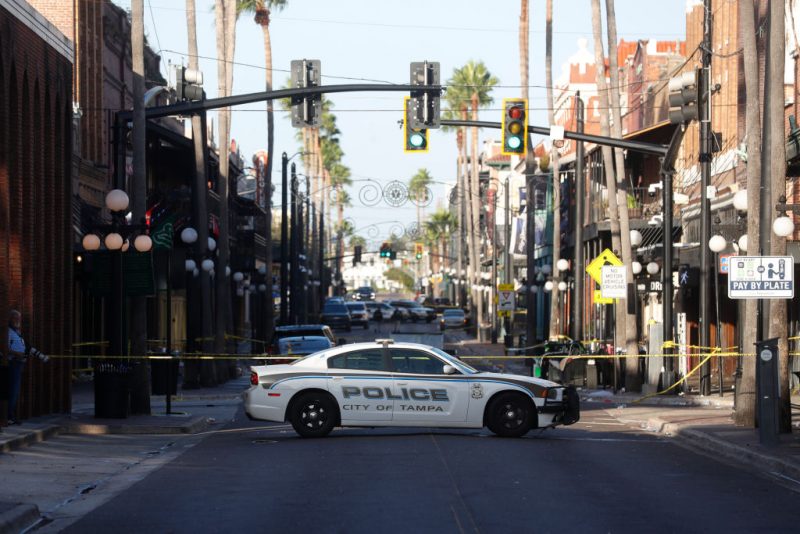 TAMPA, FLORIDA - OCTOBER 29: The Tampa Police Department and the Hillsborough County Sheriff's Office investigates a fatal shooting in the Ybor City neighborhood on October 29, 2023 in Tampa, Florida. According to reports, two people from two different groups opened fire as hundreds of people were on the street early Sunday morning in an area filled with bars and clubs. (Photo by Octavio Jones/Getty Images)