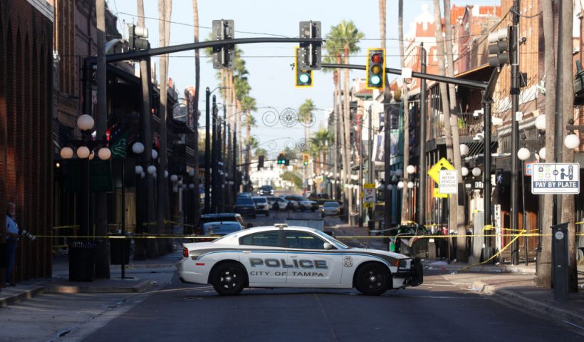 TAMPA, FLORIDA - OCTOBER 29: The Tampa Police Department and the Hillsborough County Sheriff's Office investigates a fatal shooting in the Ybor City neighborhood on October 29, 2023 in Tampa, Florida. According to reports, two people from two different groups opened fire as hundreds of people were on the street early Sunday morning in an area filled with bars and clubs. (Photo by Octavio Jones/Getty Images)