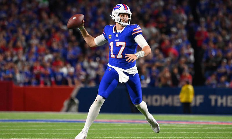 Josh Allen #17 of the Buffalo Bills looks to pass against the Tampa Bay Buccaneers during the first half of the game at Highmark Stadium on October 26, 2023 in Orchard Park, New York. (Photo by Rich Barnes/Getty Images)