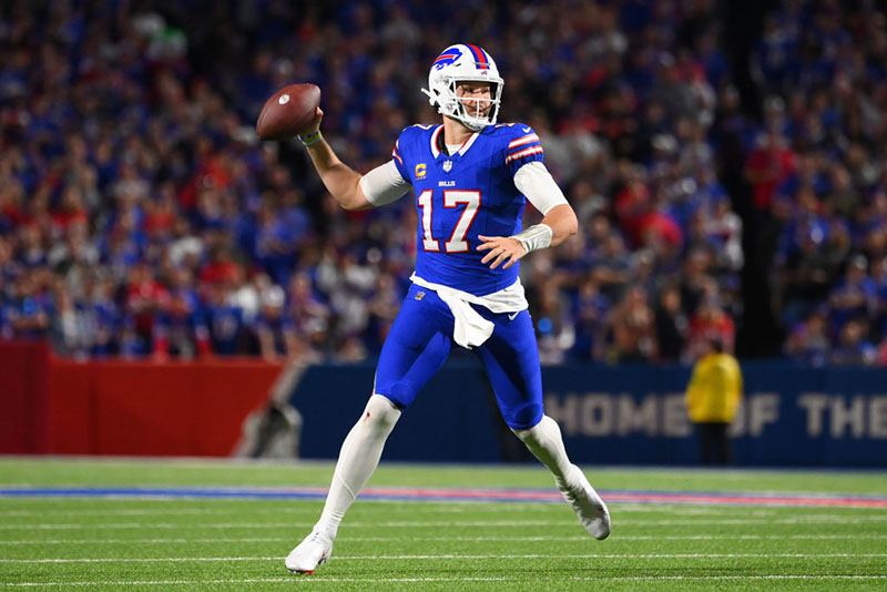 Josh Allen #17 of the Buffalo Bills looks to pass against the Tampa Bay Buccaneers during the first half of the game at Highmark Stadium on October 26, 2023 in Orchard Park, New York. (Photo by Rich Barnes/Getty Images)