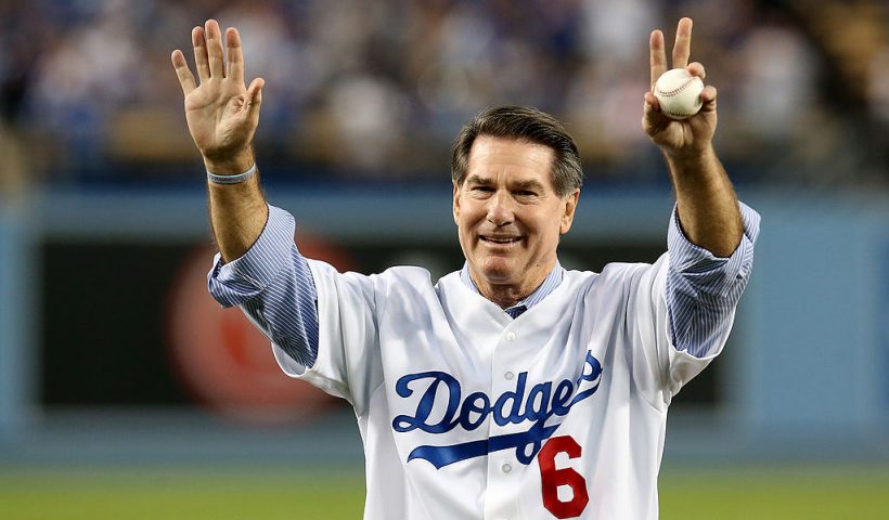LOS ANGELES, CA - OCTOBER 07: Los Angeles Dodgers legend Steve Garvey throws out a ceremonial first pitch before the Dodgers take on the Atlanta Braves in Game Four of the National League Division Series at Dodger Stadium on October 7, 2013 in Los Angeles, California. (Photo by Stephen Dunn/Getty Images)