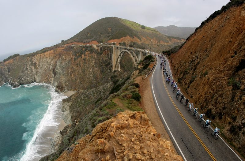 MONTEREY COUNTY, CA - FEBRUARY 21: The Astana lead peloton crosses the Bixby Bridge on The Pacific Coast Highway during Stage 4 of the Amgen Tour of California on February 21,2008 from Seaside to San Luis Obispo, California. (Photo by Doug Pensinger/Getty Images)