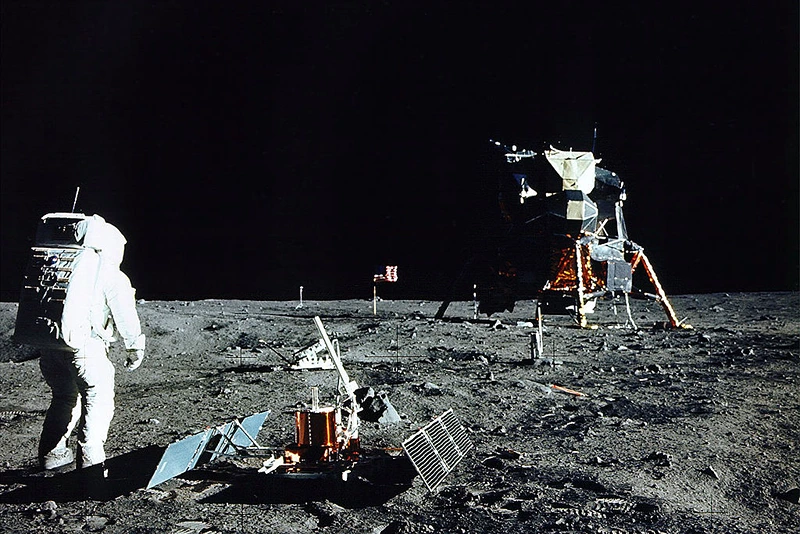 376713 17: (FILE PHOTO) Astronaut Edwin E. Aldrin Jr., Lunar Module Pilot, stands near a scientific experiment on the lunar surface. Man's first landing on the Moon occurred July 20, 1969 as Lunar Module "Eagle" touched down gently on the Sea of Tranquility on the east side of the Moon. The 30th anniversary of the Apollo 11 Moon mission is celebrated July 20, 1999. (Photo by NASA/Newsmakers)
