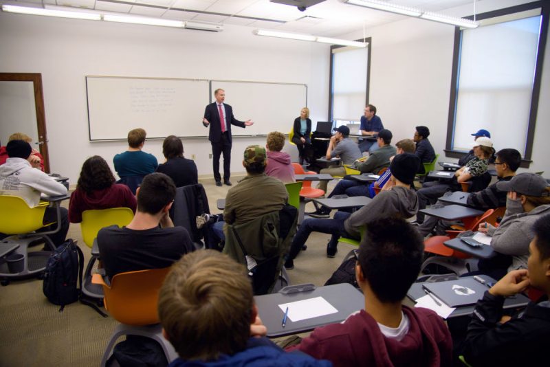 LINCOLN, NE - NOVEMBER 03: Brian Vaske, CEO of ITI Data, returns to the University of Nebraska-Lincoln campus to share his experiences and knowledge with the undergraduate students of Computer Science and Engineering class. on November 3, 2017 in Lincoln, Nebraska. (Photo by Dave Kotinsky/Getty Images for ITI Data)
