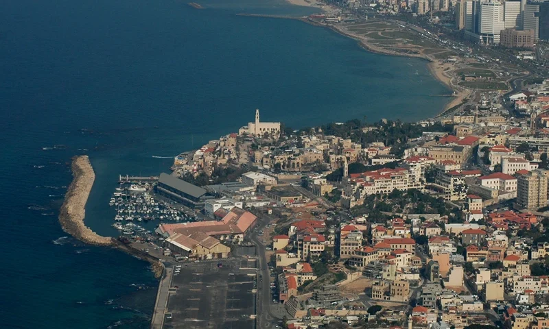 An aerial view taken on January 11, 2010 An aerial view taken on January 11, 2010 shows the ancient port city of Jaffa, south of Tel Aviv, on January 11, 2010. AFP PHOTO/MARINA PASSOS (Photo credit should read MARINA PASSOS/AFP via Getty Images)