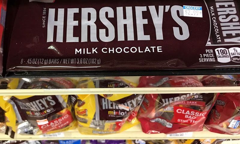 Hershey's chocolates are pictured for sale on a store shelf in the Manhattan borough of New York City, New York, U.S. July 19, 2017. REUTERS/Carlo Allegri/File Photo