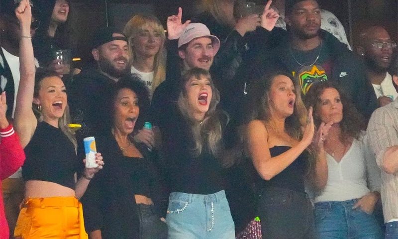 Oct 1, 2023; East Rutherford, New Jersey, USA; Taylor Swift, a guest of Kansas City Chiefs tight end Travis Kelce (87), cheers during the game at MetLife Stadium. Mandatory Credit: Robert Deutsch-USA TODAY Sports