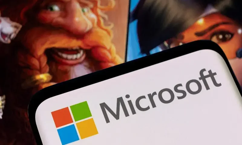 FILE PHOTO: Microsoft logo is seen on a smartphone placed on displayed Activision Blizzard's games characters in this illustration taken January 18, 2022. REUTERS/Dado Ruvic/Illustration//File Photo