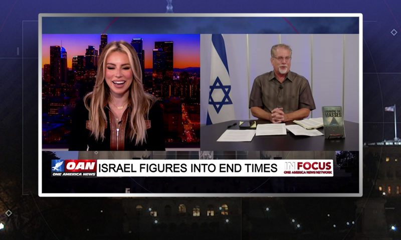 Video still from In Focus on One America News Network showing a split screen of the host on the left side, and on the right side is the guest, Pastor Tom Hughes.