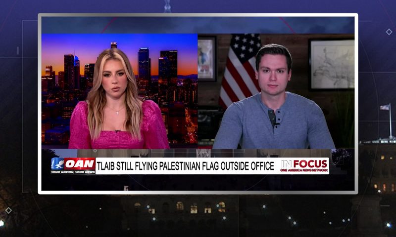 Video still from In Focus on One America News Network showing a split screen of the host on the left side, and on the right side is the guest, Luke Ball.