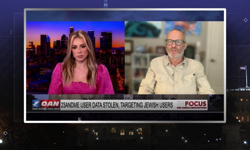 Video still from In Focus on One America News Network showing a split screen of the host on the left side, and on the right side is the guest, Olivier Melnick.