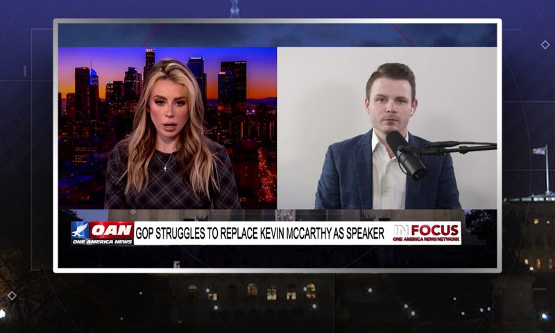 Video still from In Focus on One America News Network showing a split screen of the host on the left side, and on the right side is the guest, Ryan Fournier.
