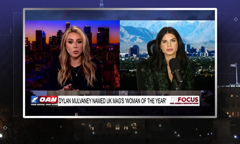 Video still from In Focus on One America News Network showing a split screen of the host on the left side, and on the right side is the guest, Alex Clark.