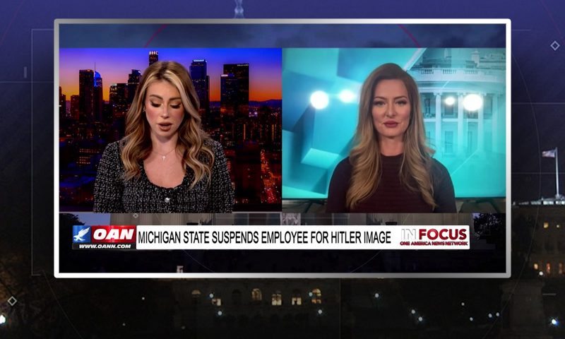 Video still from In Focus on One America News Network showing a split screen of the host on the left side, and on the right side is the guest, Emerald Robinson.