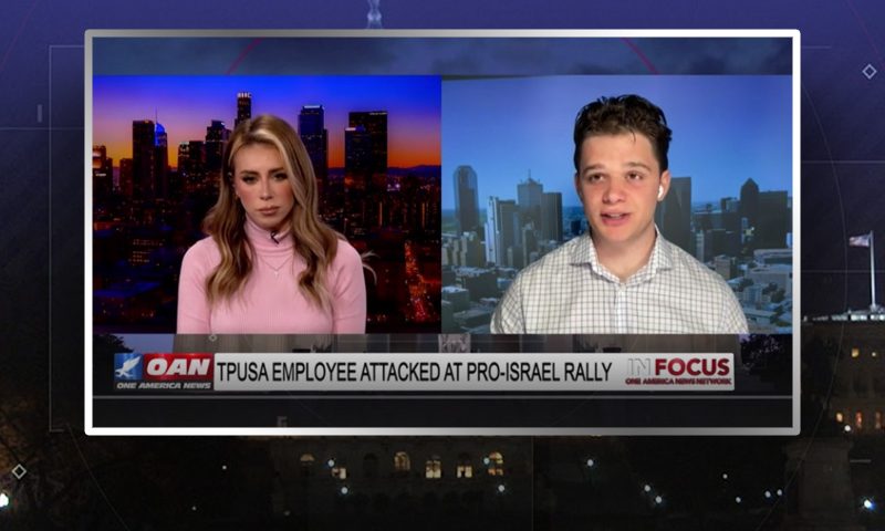 Video still from In Focus on One America News Network showing a split screen of the host on the left side, and on the right side is the guest, Gabe Poirot.