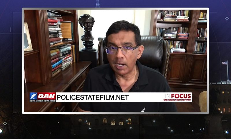 Video still from Dinesh D’Souza's interview with In Focus on One America News Network