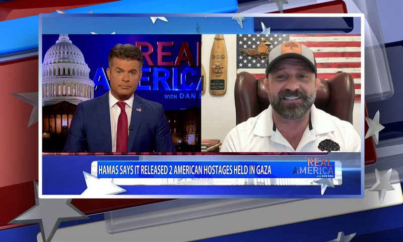 Video still from Real America on One America News Network showing a split screen of the host on the left side, and on the right side is the guest, Chad Robichaux.