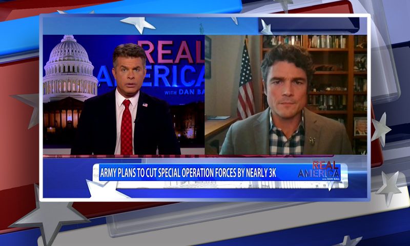 Video still from In Focus on One America News Network showing a split screen of the host on the left side, and on the right side is the guest, Joe Kent.