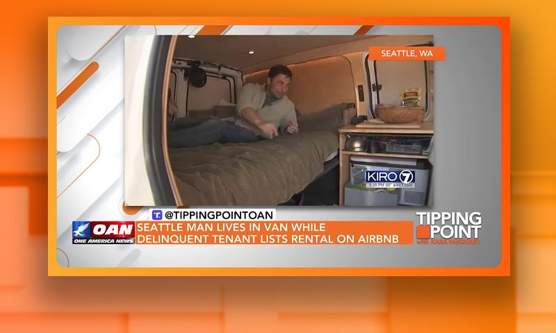 Video still from Tipping Point on One America News Network. The photo appears to be a screenshot of a news segment featuring a man from Seattle who lives in a van.