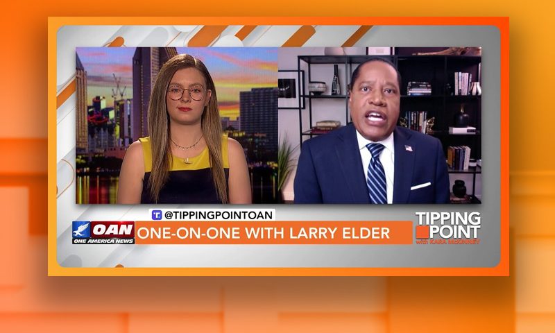 Video still from Tipping Point on One America News Network showing a split screen of the host on the left side, and on the right side is the guest, Larry Elder.
