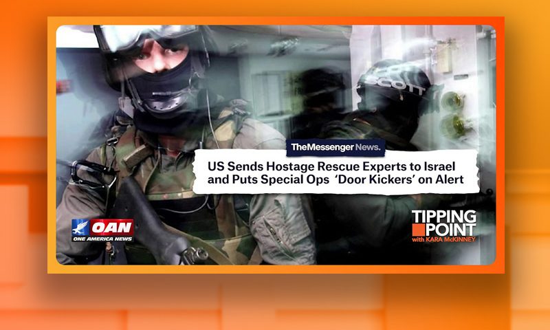The photo is a screenshot of a graphical user interface displaying text from an application called "TheMessenger News." The text mentions that the US has sent hostage rescue experts to Israel and put special operations forces on alert. The image also includes the logo of "One America News" and the name "Kara McKinney." In the photo, there is a man wearing a helmet, personal protective equipment, and a ballistic vest, holding a firearm. He is standing outdoors.